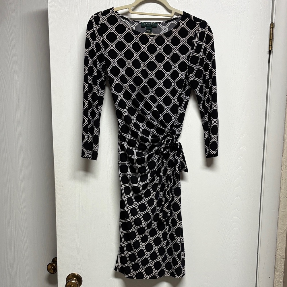 Ralph Lauren Black‎ and White Geometric Celtic Style Knot Pattern Gathered Dress